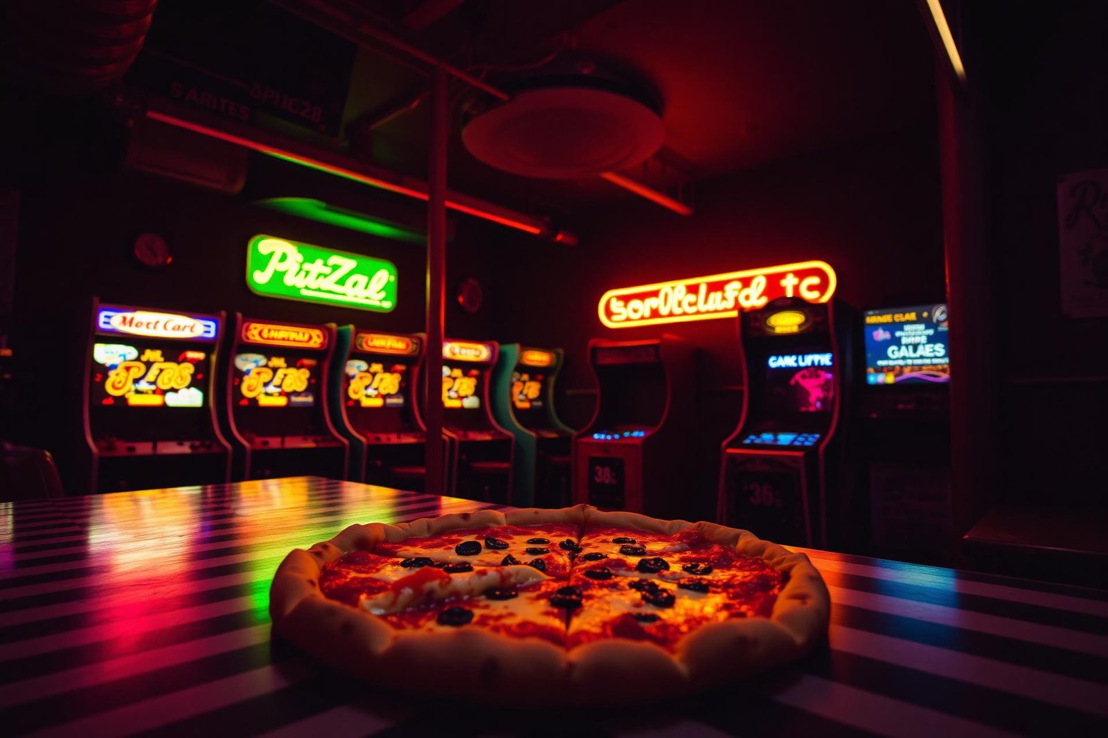 Freshly baked pizza on a checkered table inside The Pizza Arcade, glowing red and yellow neon arcade cabinets in the background